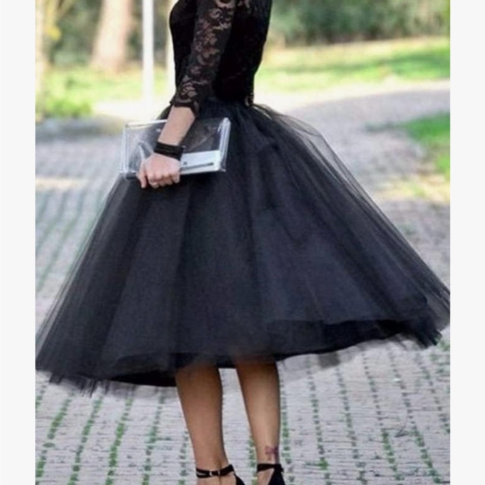 Brand new never worn black lace tulle tea length dress with corset style back